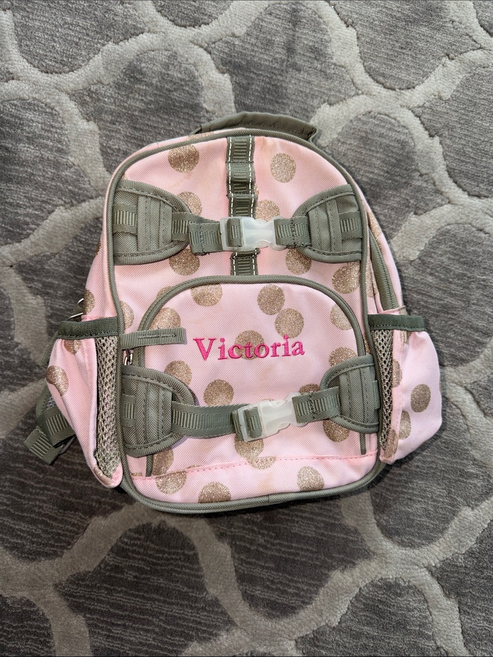 Pottery Barn Kids Pink Glitter Dot Backpack with Olive Trim - Victoria